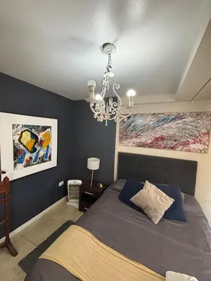 a bedroom with a bed and a chandelier at Departamento Premiun En Zona Centro in Cordoba