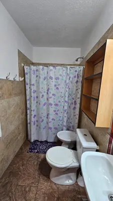 a bathroom with a toilet and a shower curtain at Altos del Lago in Villa Carlos Paz