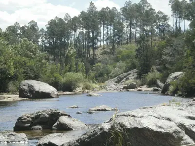 a river with rocks and trees in the background at El Refugio Casas de Campo in Villa General Belgrano
