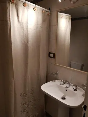 a bathroom with a sink and a shower curtain at Apartamento Carlucci in Cordoba