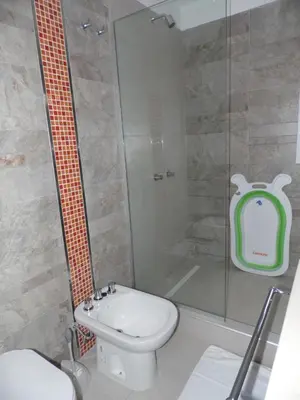 a bathroom with a shower and a toilet and a sink at El Naranjero Apart in Carpintería