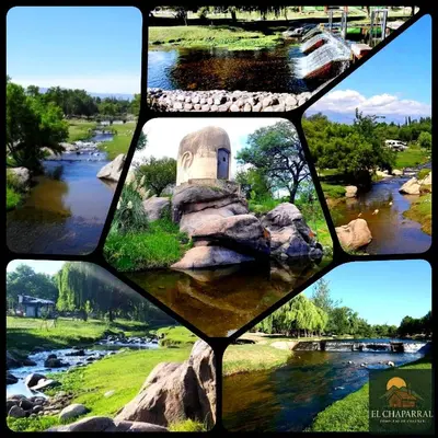 a group of four pictures of a river and a building at Cabaña El Chaparral Villa Dolores, Traslasierra 1 in Piedra Pintada