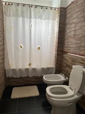 a bathroom with a toilet and a shower curtain at La Francisca in Almafuerte