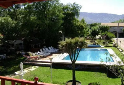 a swimming pool with lounge chairs and a palm tree at Aparts Piscu Yaco Almendros in Merlo