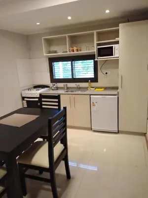 a small kitchen with a table and a stove at Magenta Departamentos in Mina Clavero