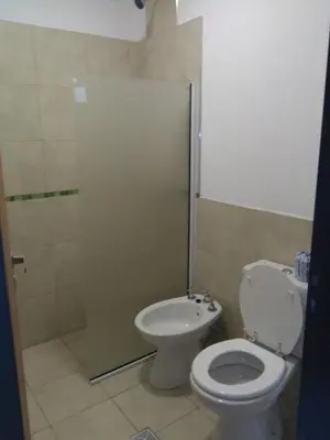 a bathroom with a toilet and a shower stall at Magenta Departamentos in Mina Clavero