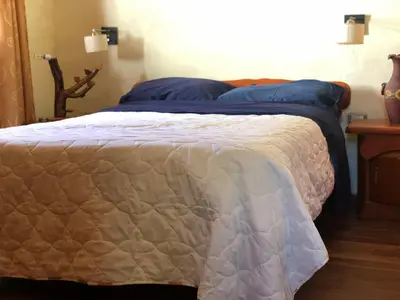 a bed with blue pillows on it in a bedroom at Casa El Descanso in San Antonio de Arredondo