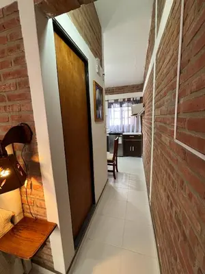 a hallway with a brick wall and a wooden door at Departamentos Los Álamos in Mina Clavero