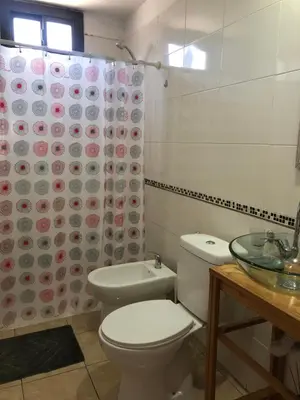 a bathroom with a toilet and a shower curtain at Departamento LA PAZ in Villa Carlos Paz
