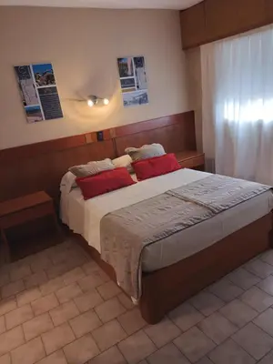 a bedroom with a large bed with red pillows at Camino Real Hotel in Cordoba