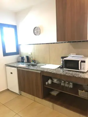 a kitchen with a sink and a microwave on a counter at BOULEVARD departamentos in Mina Clavero