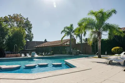 a swimming pool with palm trees and a house at Riviera Hotel & Spa in Villa Carlos Paz