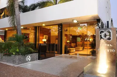 a store front with a palm tree in front of it at Hotel Capvio in Villa Carlos Paz