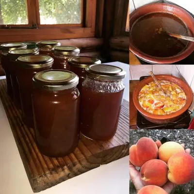 a collage of pictures of jars of honey and apples at Brujas in Los Reartes