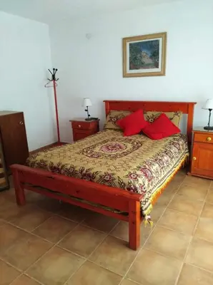 a bedroom with a bed with red pillows on it at Malvina in Villa Icho Cruz