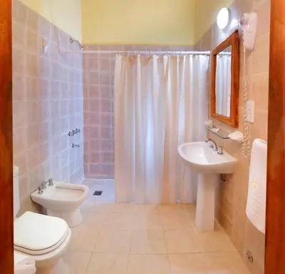 a bathroom with a toilet and a sink and a shower at Posada Pfullendorf - Adults Only in Villa General Belgrano