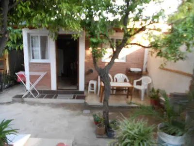 a patio with a table and chairs and a tree at Departamentos Calamuchita in Santa Rosa de Calamuchita