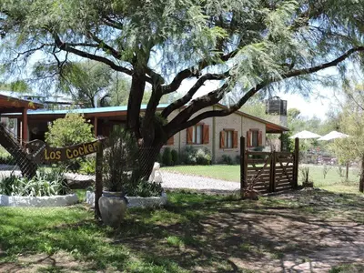 a tree in front of a house with a fence at CABAÑAS LOS COCKERS in Villa General Belgrano