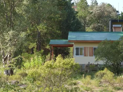 a house with a green roof in a forest at El Pinar - Hospedaje Serrano in Tanti