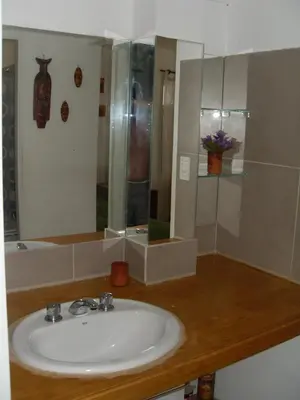a bathroom with a sink and a mirror at LA FOGLIA departamentos in Villa Carlos Paz