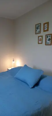 a bed with a blue pillow on top of it at ALTOS DEL MOLLE en VCP predio con solo 2 cabañas in Villa Carlos Paz