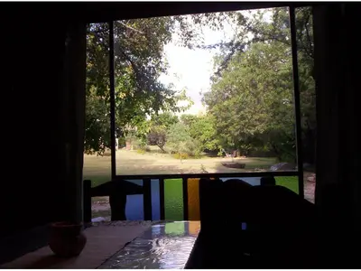 a large window with a view of a park at Cabanas Las Achiras in San Javier