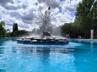 a fountain in the middle of a pool with a ferris wheel at Hotel Torres del Sol in Merlo