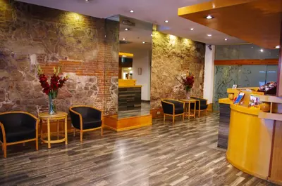 a bar in a hotel lobby with chairs and a counter at Hotel Felipe II in Cordoba