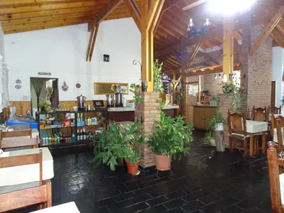 a restaurant with potted plants in a room at Hostería Lida in Merlo