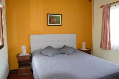 a bedroom with a large bed with yellow walls at Cabañas Babin Kuk in Merlo