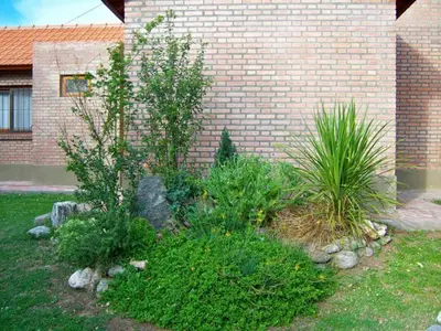 a garden with plants in front of a brick building at Cabañas Babin Kuk in Merlo