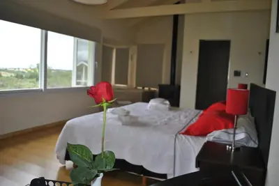 a room with a bed with a red rose in it at La Fleur in Villa General Belgrano