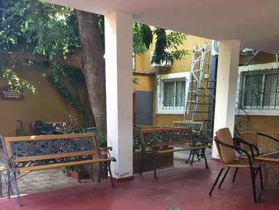 a patio with benches and a tree and a ladder at Paz y Armonia Habitaciones in Mina Clavero