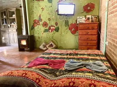 a bedroom with a bed with a floral wallpaper at Pintoresca Cabaña Céntrica a pasos del río Mina Clavero in Mina Clavero