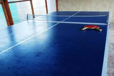 a blue tennis court with a pair of scissors on it at El Rincón de Iri-Nan in Merlo