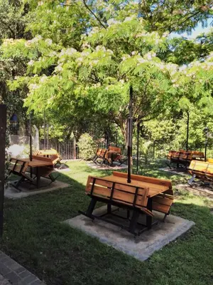 a group of picnic tables in a park at Rancho Grande Hotel in Villa General Belgrano