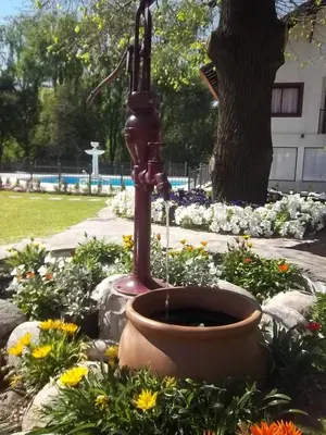 a fountain in the middle of a garden with flowers at Rancho Grande Hotel in Villa General Belgrano