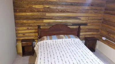 a bedroom with a bed in a wooden wall at Cabaña Trapiche San Luis in Trapiche