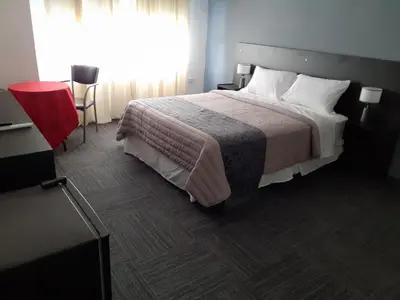 a hotel room with a large bed and a window at Hosteria Arenas in Mina Clavero