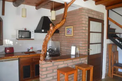 a kitchen with a tree branch in the middle of it at Cabañas Cultura Serrana in Santa Rosa de Calamuchita