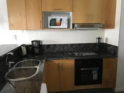 a kitchen with a sink and a microwave at Puerto del Águila Departamentos sobre el Lago - The View Luxury Aparts in Potrero de Garay