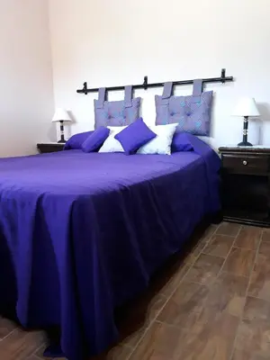 a bedroom with a bed with purple sheets and pillows at Cabañas Dulce Atardecer in Villa Carlos Paz