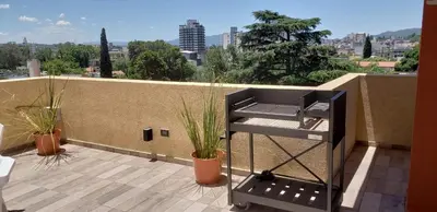 a barbecue grill on a balcony with plants at Torre del Lago I in Villa Carlos Paz