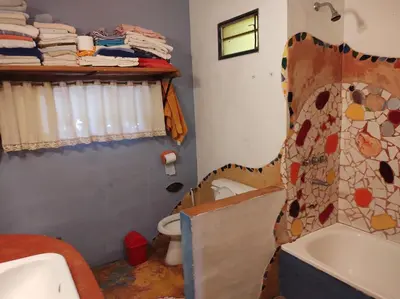 a bathroom with a shower and a toilet and a sink at Casa Amarilla in Mina Clavero