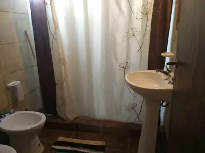 a bathroom with a sink and a toilet and a shower curtain at Cabañas Pancho Segunda Usina in Embalse