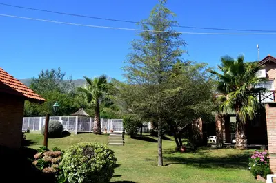 a yard with palm trees and a house at Cabañas Quilquelen in Merlo