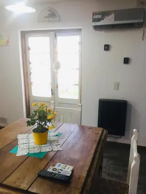 a wooden table with a plant on top of it at Benito Soria 137 in Santa Rosa de Calamuchita