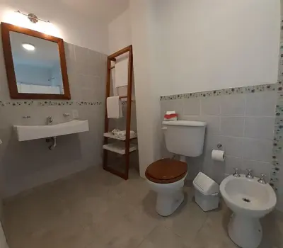 a bathroom with a toilet and a sink and a mirror at COSTA COM Departamentos de Montaña in Merlo