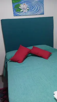 a bed with two red pillows on top of it at Departamento MT 2 Barrio Jardín in Cordoba