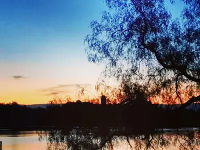 a sunset over the water with a tree in the foreground at Hostel Ctalamochita in Embalse
